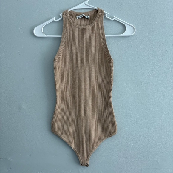 Tan ribbed racerback halter bodysuit - Picture 1 of 7